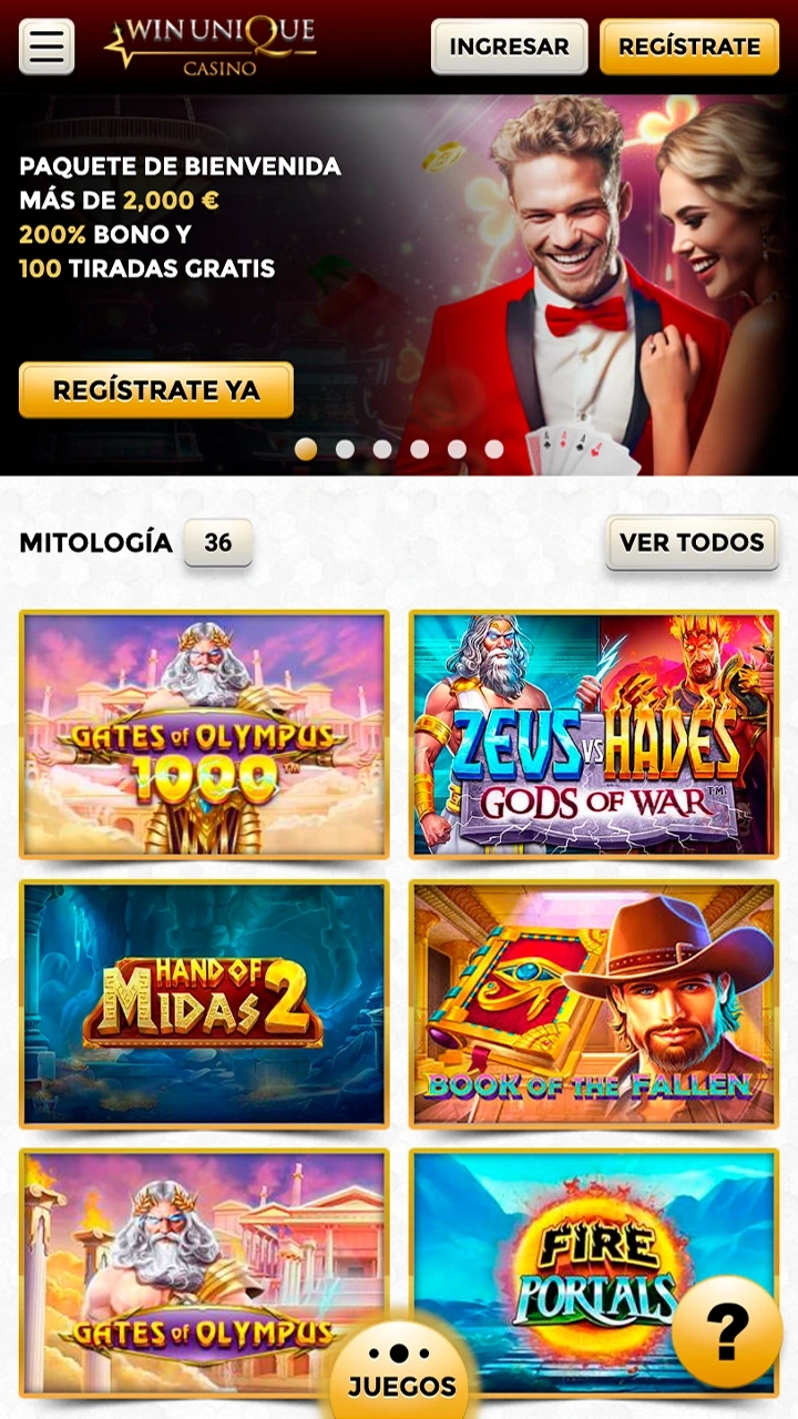 Familiarícese con la página de inicio del Casino WinUnique.