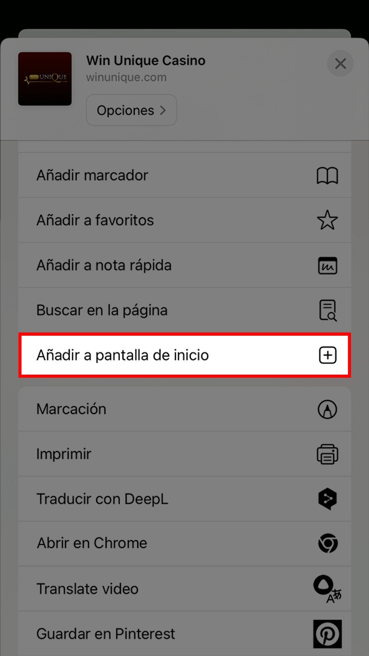 Seleccione esta opción para añadir la aplicación WinUnique a su pantalla de inicio.