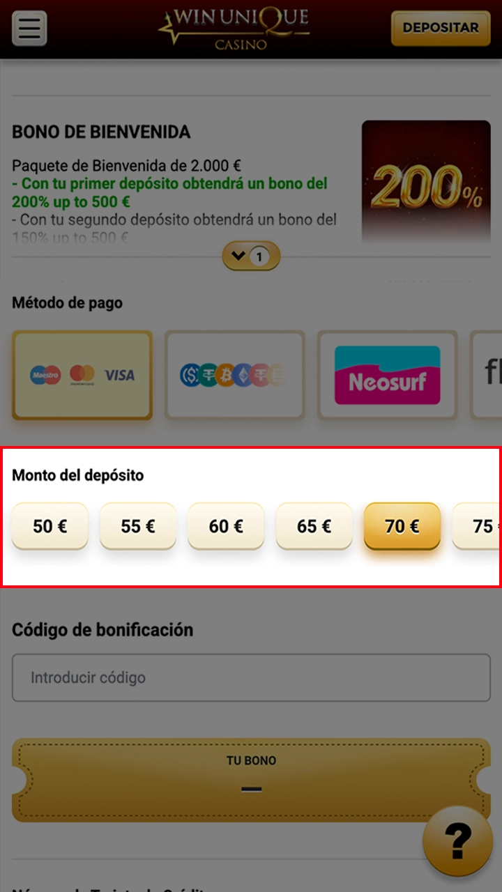 Introduzca el importe de su depósito en WinUnique Casino.