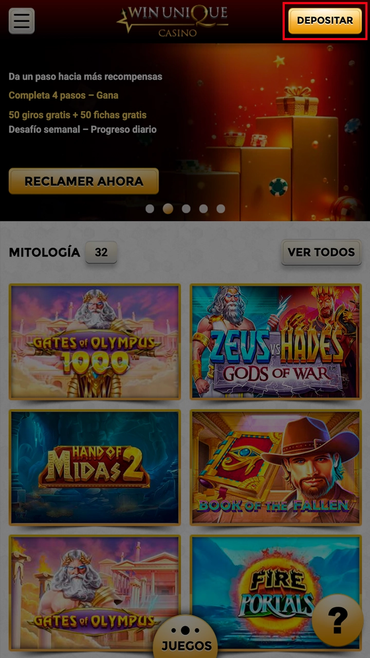 Vaya al botón de depósito de la página de WinUnique Casino.