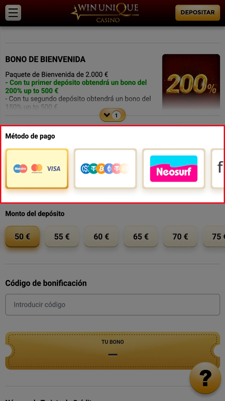 Elija el método de depósito adecuado para su cuenta de WinUnique Casino.