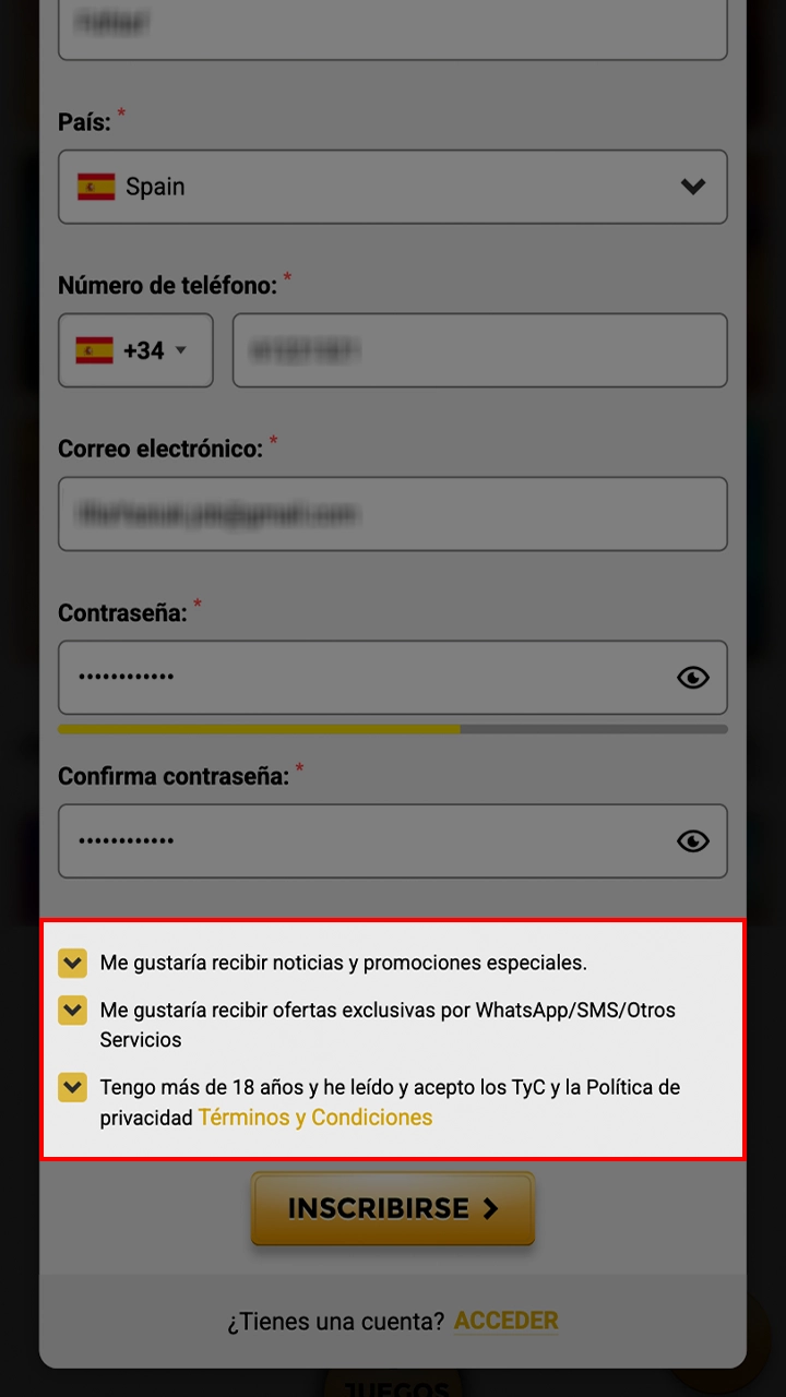 Marque las casillas de consentimiento al registrarse en WinUnique.
