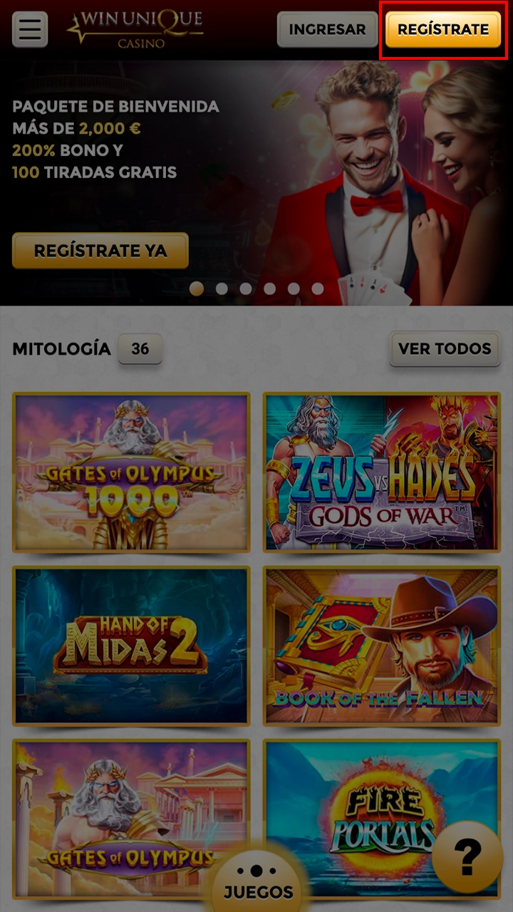 Proceda a registrarse en la página del Casino WinUnique.
