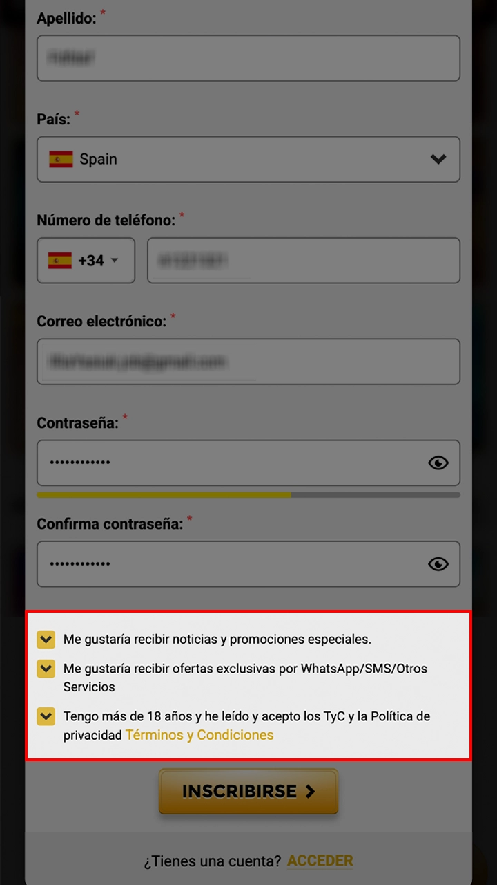 Confirme su consentimiento al registrar una cuenta en Casino WinUnique.