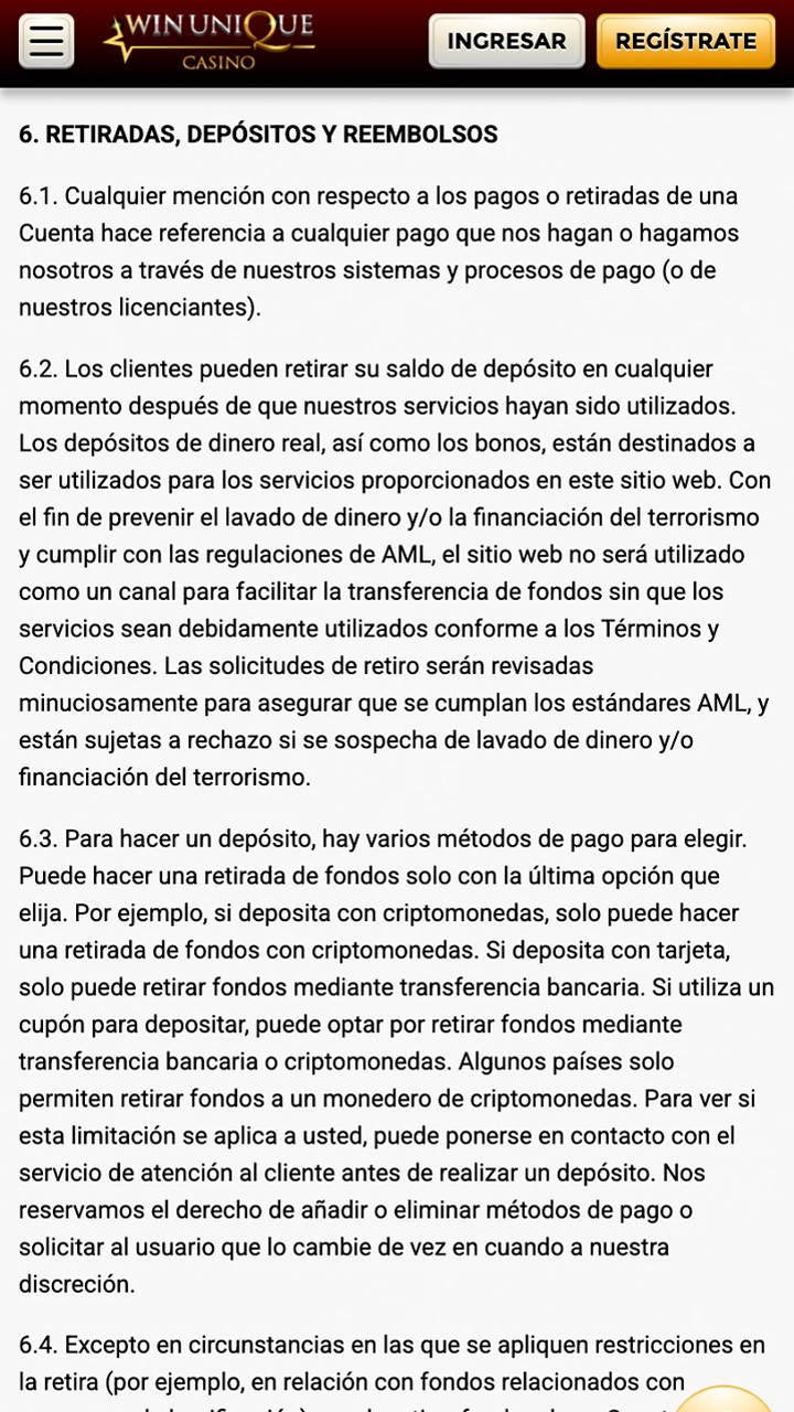 Familiarícese con las normas para retirar sus ganancias de WinUnique Casino.