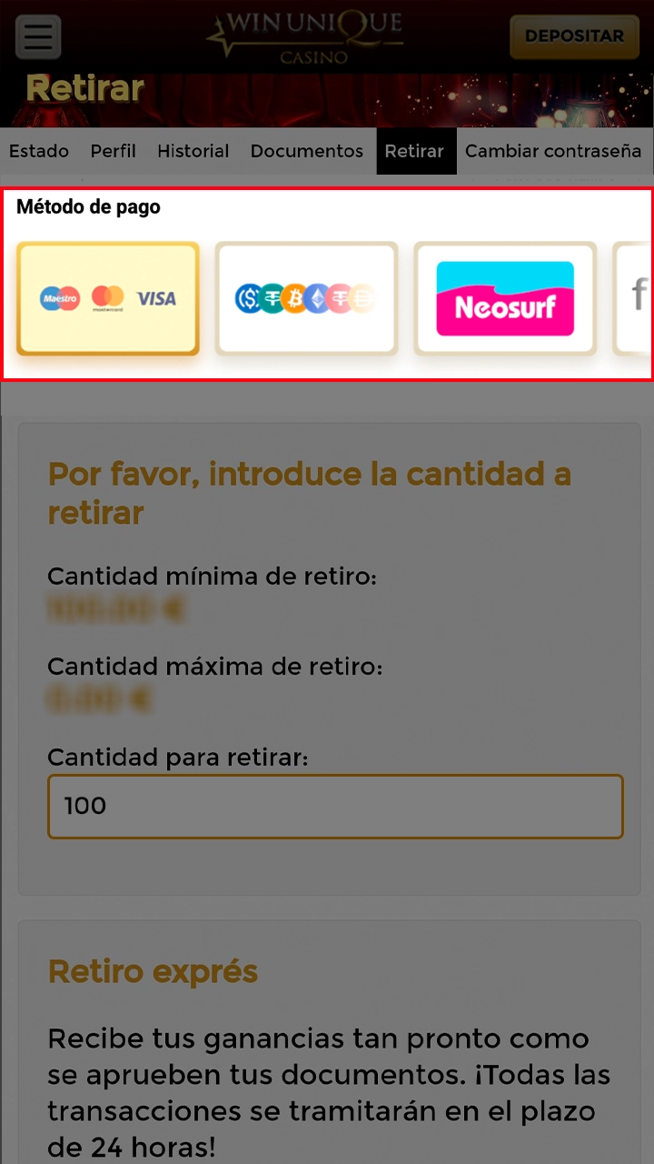 Utilice un método de retiro conveniente de WinUnique Casino.