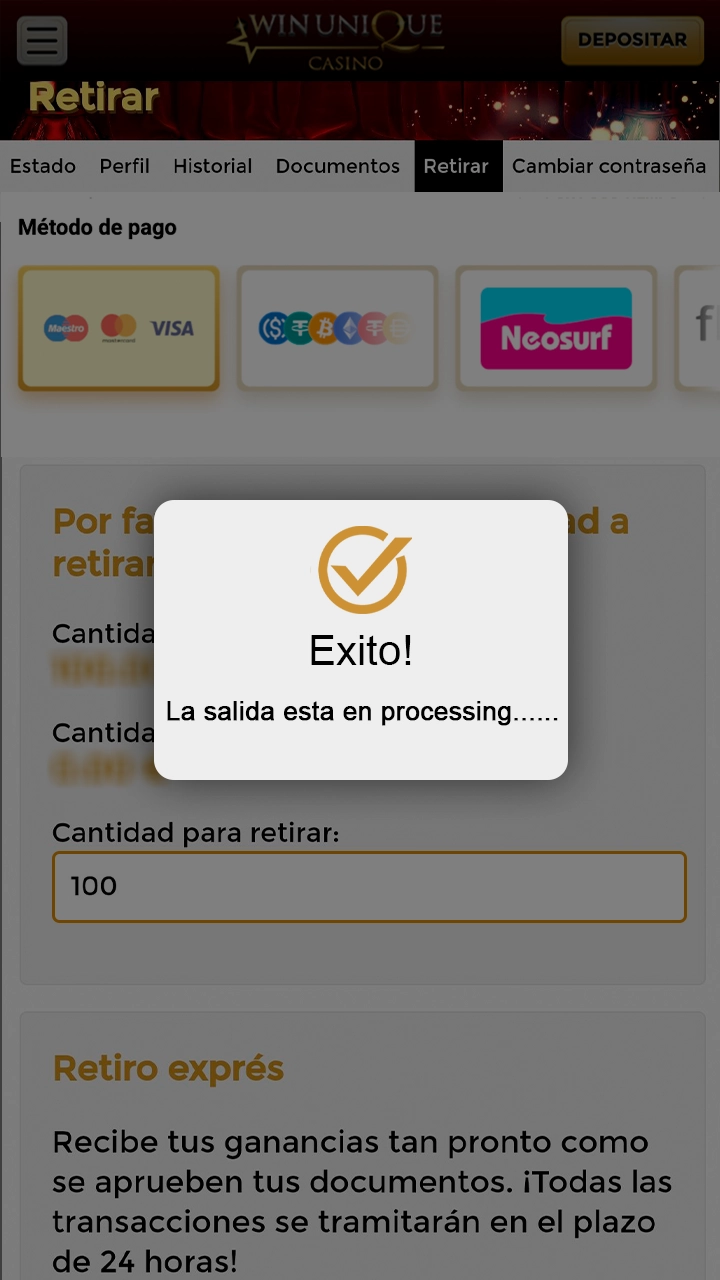Espere a que sus ganancias sean retiradas a su cuenta de WinUnique Casino.
