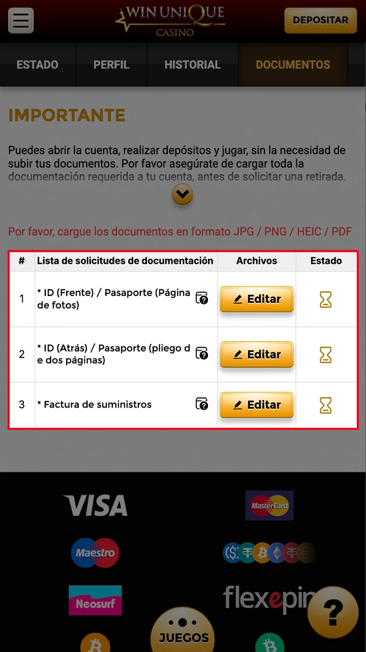 Verifique su cuenta para retirar sus ganancias de WinUnique Casino.