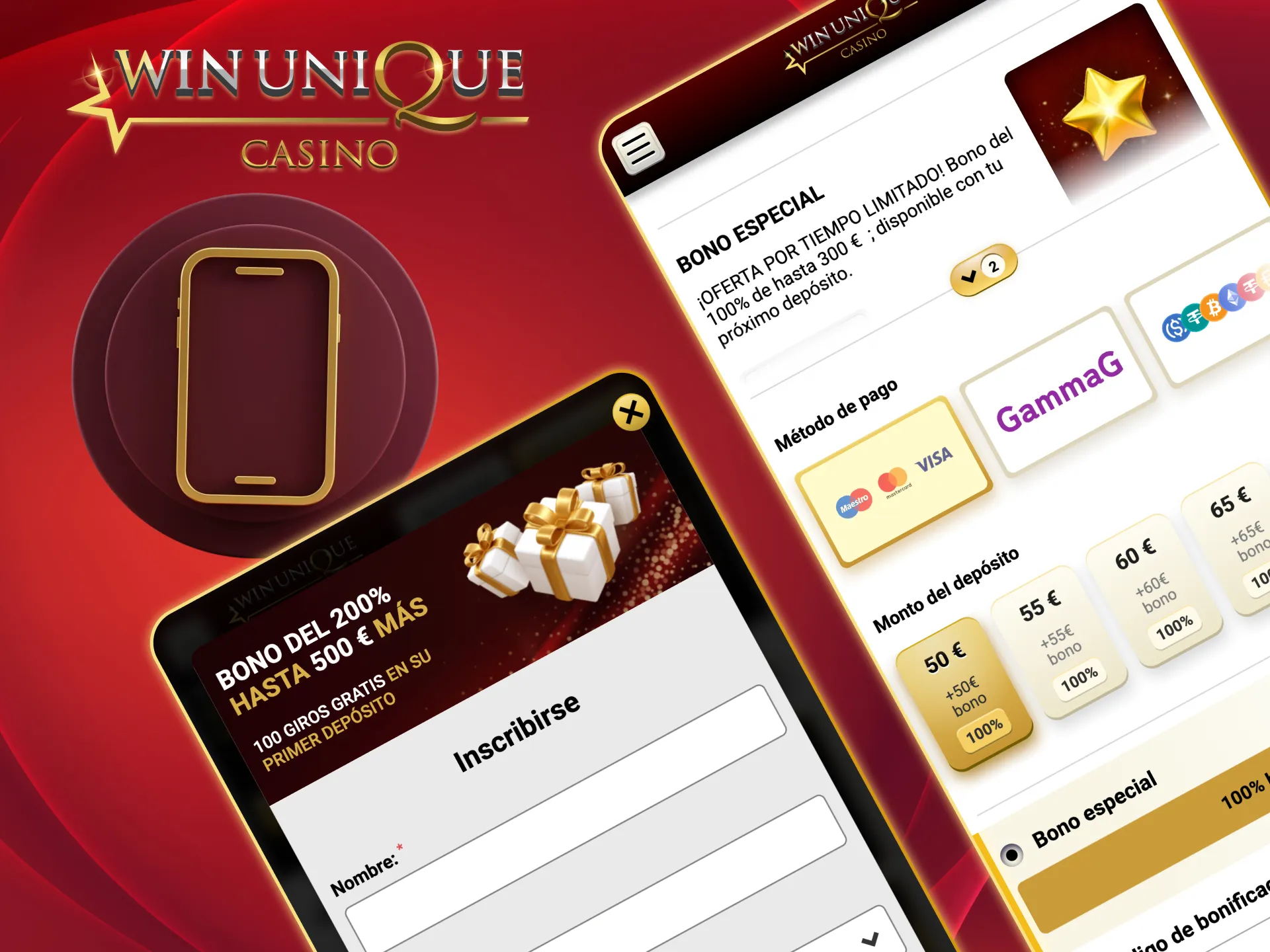 Gana bonos usando la app móvil de Unique Casino.