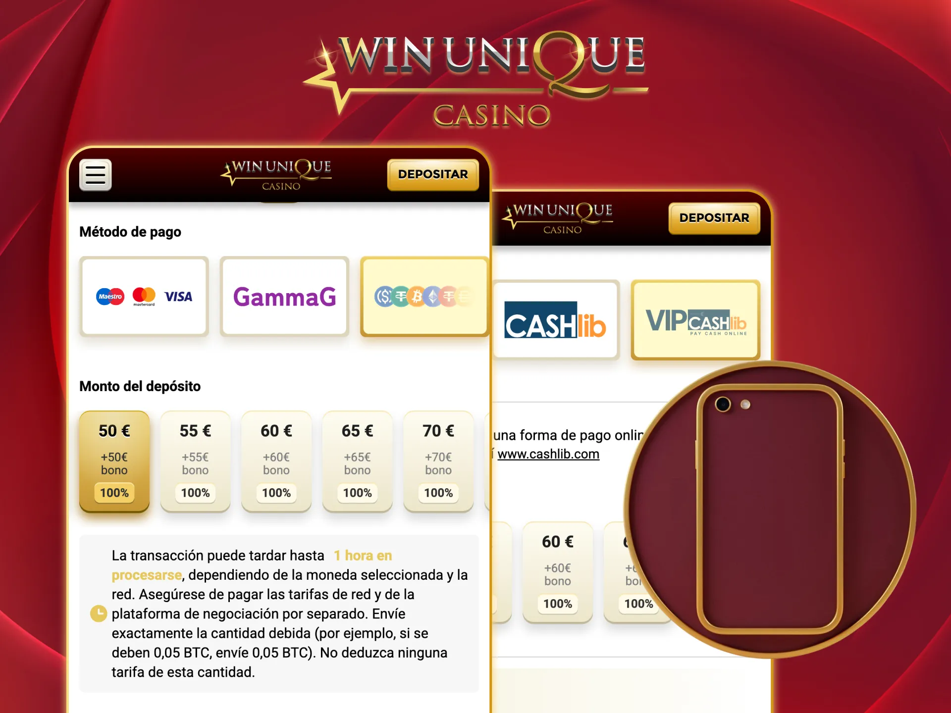 Deposita desde tu móvil en Unique Casino rápidamente.