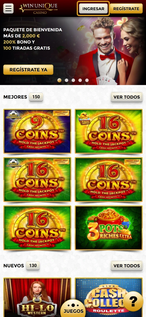 Encuentra el botón de inicio de sesión en la página principal de WinUnique.