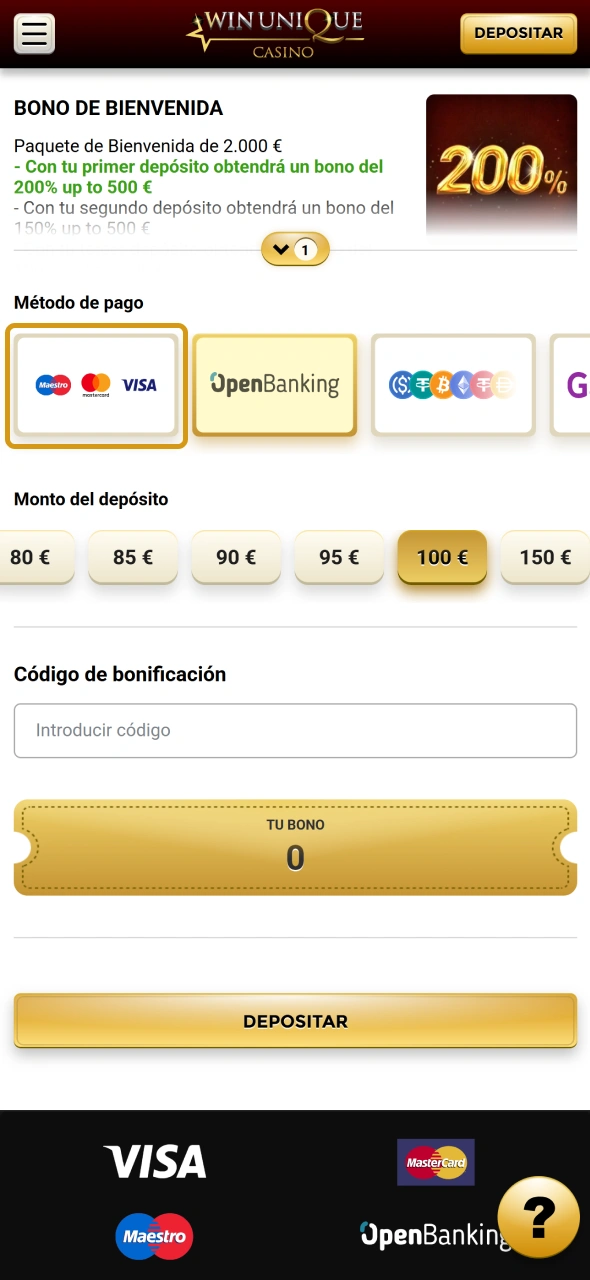 Abre la página de depósitos de WinUnique y selecciona el método de pago que prefieras.