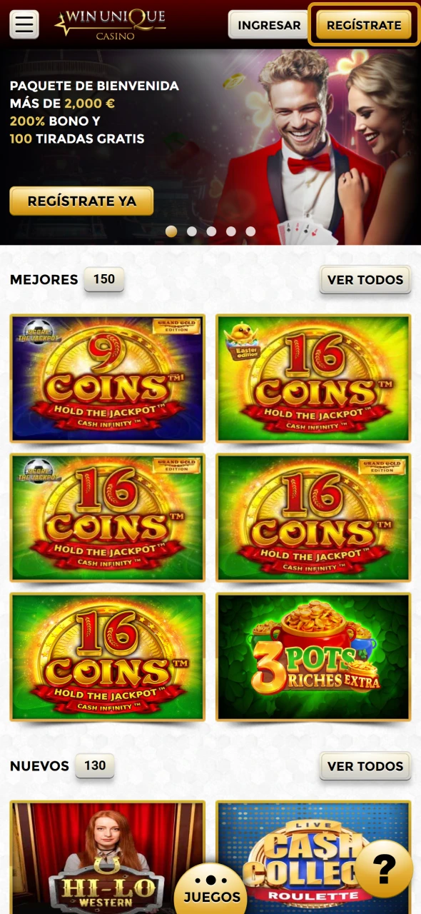 Haz clic en el botón de registro para crear una cuenta en Casino WinUnique.