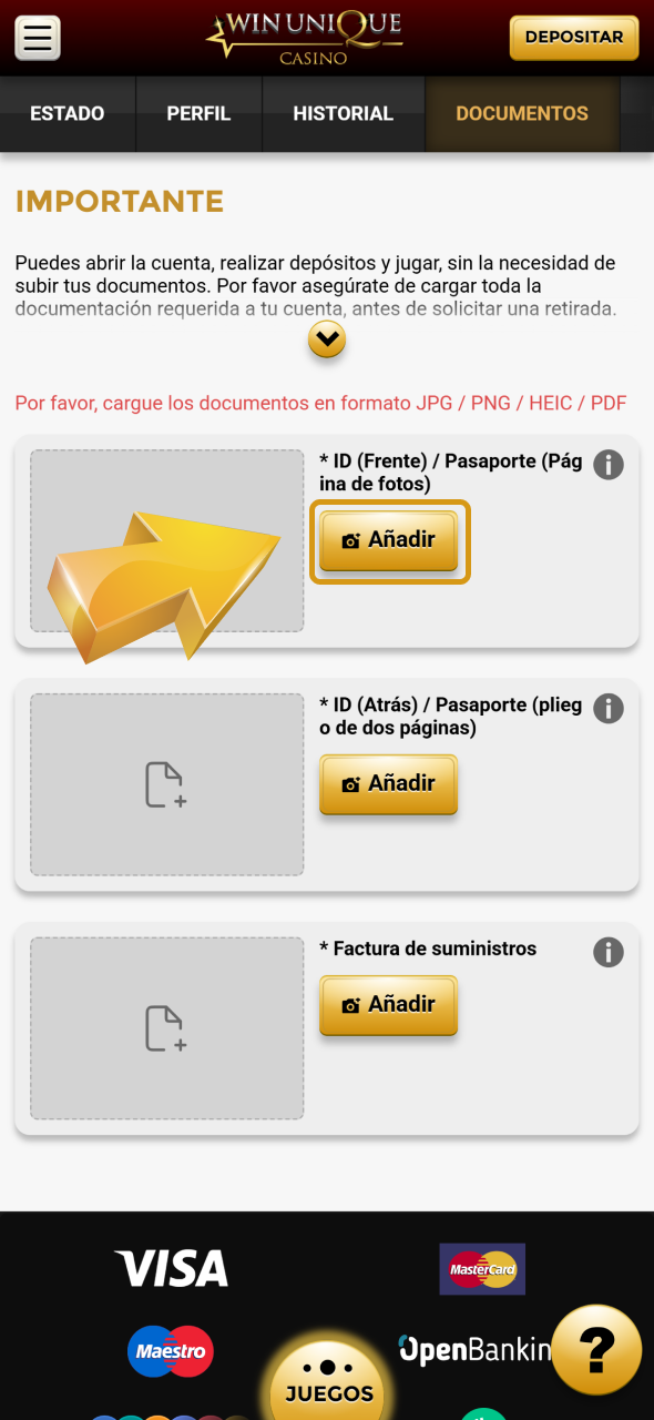 Sube una foto de tu documento de identidad para la verificación de tu cuenta de WinUnique.