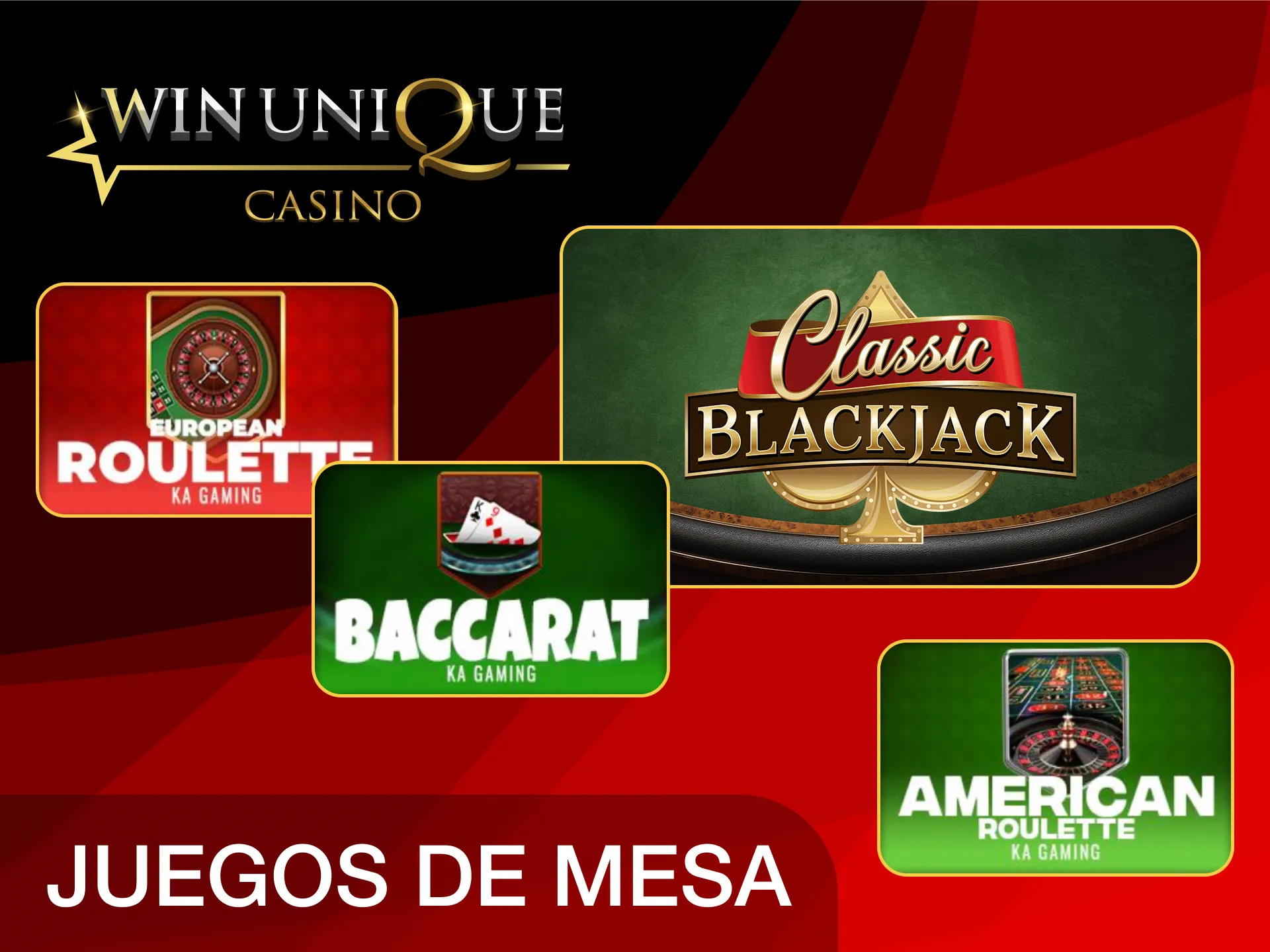Encuentra juegos de Ruleta, Blackjack y Baccarat en la sección de Juegos de Mesa de Unique Casino.