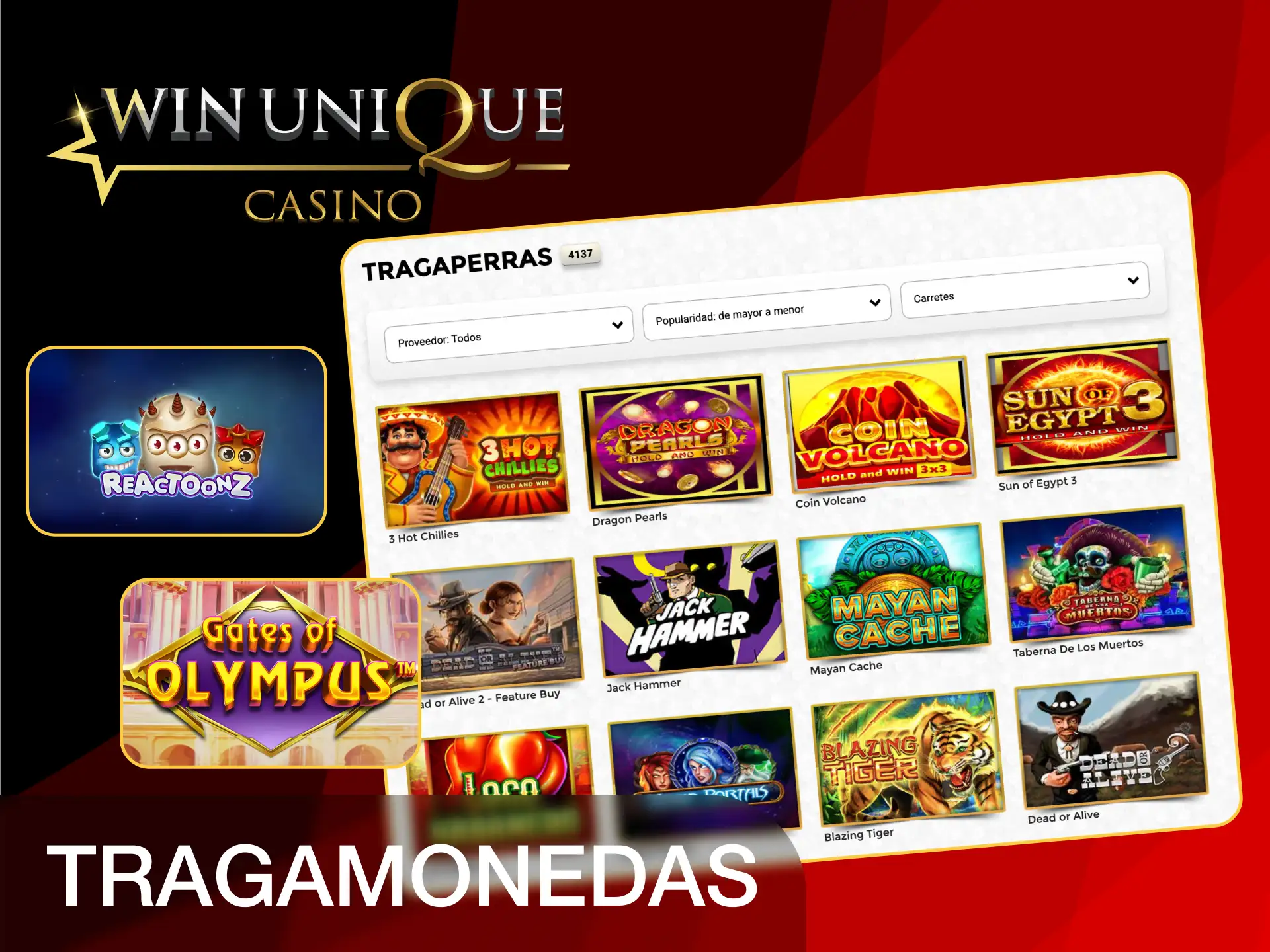 Visita la sección de tragamonedas de Unique Casino y elige los juegos más populares.